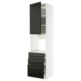 Modern tall kitchen cabinet with dark gray drawers and door, white frame, three drawers, and one shelf.