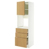 A white and oak-colored kitchen cabinet unit with a door, three drawers, and shelves.