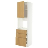 Depicts a METOD kitchen cabinet system with light wooden doors and a white frame. The cabinet includes drawers and shelves.