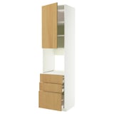 A METOD kitchen cabinet in white and oak. It a tall unit with drawers and shelving.