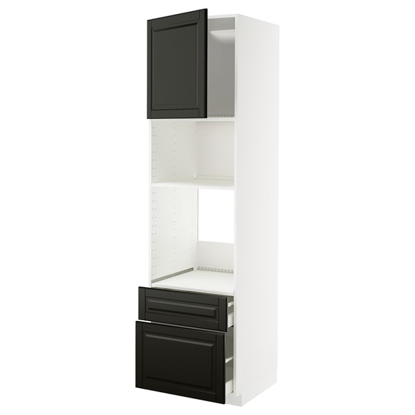 White and black METOD kitchen unit with storage compartments and open shelves.