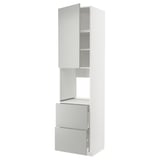 White METOD kitchen cabinet with grey drawers and shelves, 3 sections: top, open, 2 drawers.