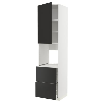 Modern kitchen unit, white with black accents, tall storage, two drawers, sleek design.