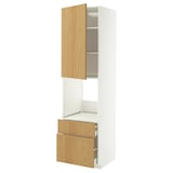 A METOD white cabinet with a tall wooden door and drawer, oak finish. It shelves and drawers for storage.