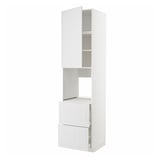 A white ikea METOD kitchen cabinet with a modern design. It drawers and open shelves.