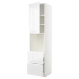 Modern white high gloss kitchen unit, tall with drawers and shelves.