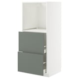 White ikea METOD kitchen cabinet with grey-green drawer.