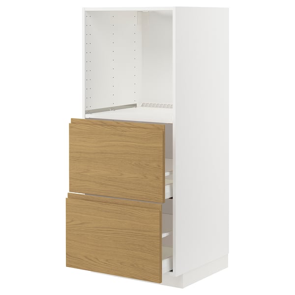 A white METOD kitchen cabinet with wooden drawers, minimalist design.