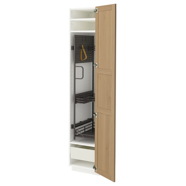 Open light wood cabinet revealing adjustable shelves and drawers.