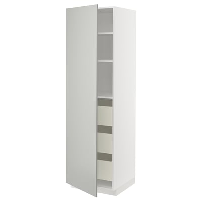 A tall, white METOD kitchen cabinet with one door open, revealing three shelves inside. Modern, clean design, ideal for storage.