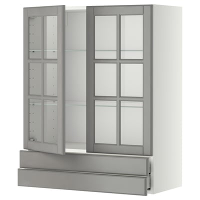 A modern grey METOD kitchen cabinet with glass doors and adjustable shelves.