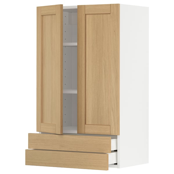 Wooden cabinet: light oak, two doors, three drawers, vertical rectangular shape, modern minimalist design.