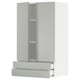 Modern light grey kitchen cabinet with two drawers and a large shelf area.