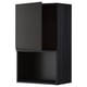 Black kitchen cabinet with open door showcasing storage. Modern design, matte finish.