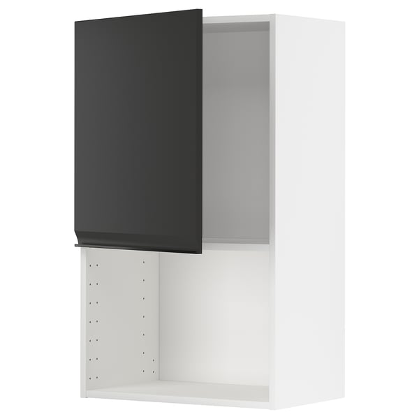 A modern, white ikea METOD wall cabinet with a black door, designed for kitchen storage.