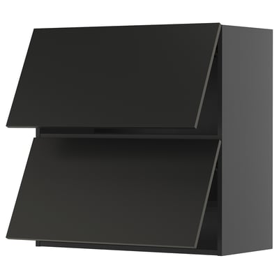 Modern black METOD kitchen unit, sleek two-tier design with glossy finish.