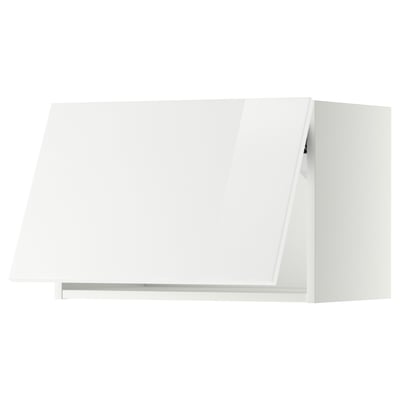 A high gloss white wall cabinet from the IKEA METOD kitchen system. Its rectangular with a sleek, modern design and a gently closing hinged door.