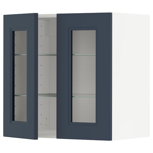 Blue glass-doored METOD wall cabinet.