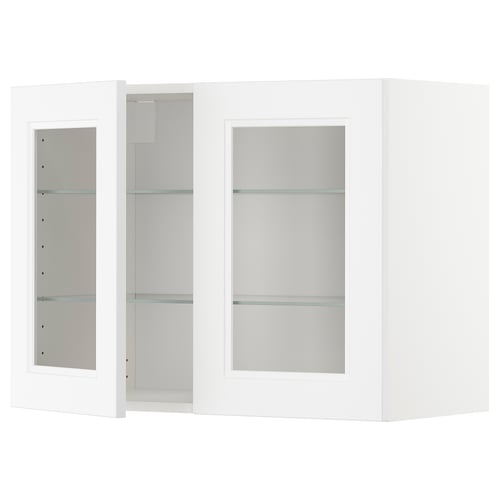 White METOD kitchen cabinet with glass doors, modern minimalist design.