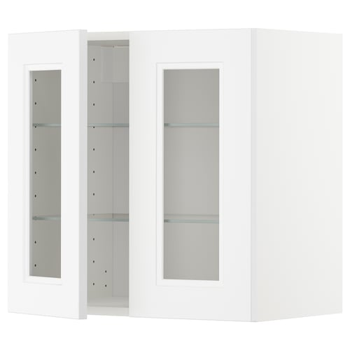 White METOD kitchen cabinet with glass door, modern and traditional style, adjustable shelves.
