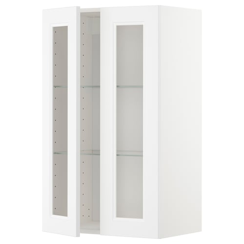 A white ikea METOD kitchen cabinet with glass doors featuring a modern design.