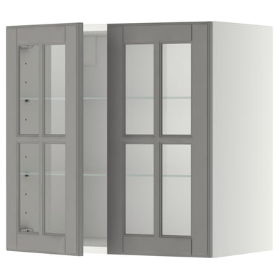 METOD kitchen wall unit with grey bodbyn glass doors, featuring a traditional style with a warm feel.