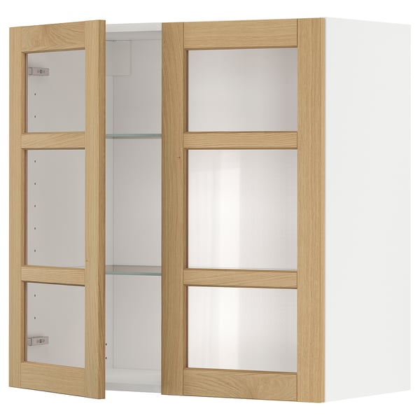 Wooden-framed wall cabinet with glass doors, light oak, rectangular, modern design.