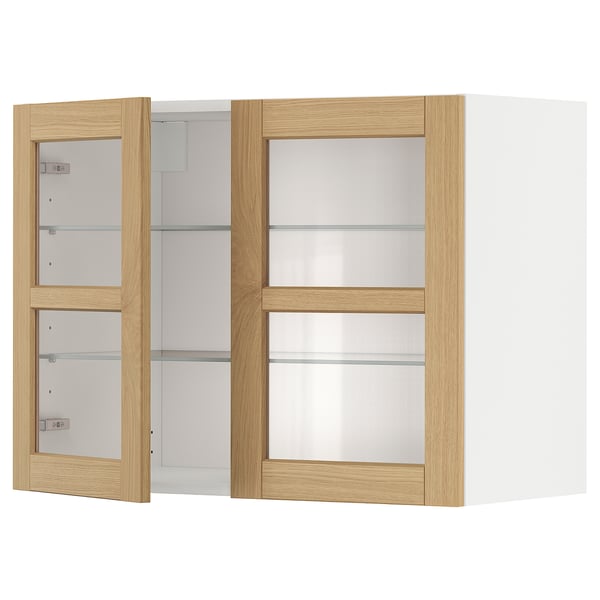 Wall-mounted kitchen cabinet, white and oak, with glass doors.