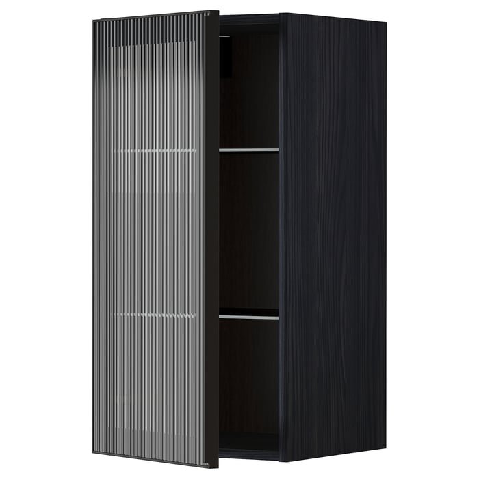 METOD wall w shelves/glass door, black/Hejsta anthracite reeded