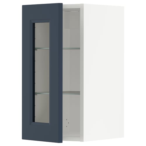 Blue glass door cabinet; modern design, two glass shelves.