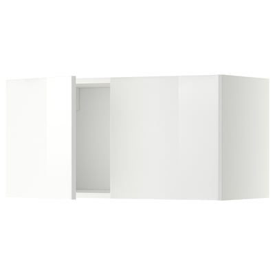 A white glossy METOD kitchen cabinet set with modern design. The set includes wall-mounted units.
