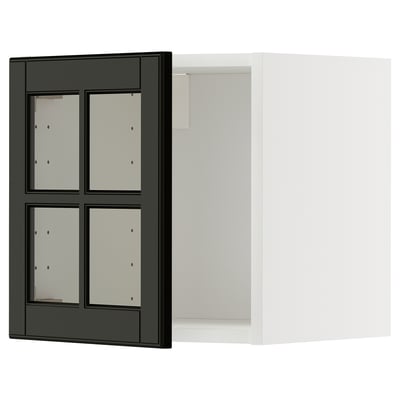 Black and white kitchen cabinet with glass doors, sleek modern design.