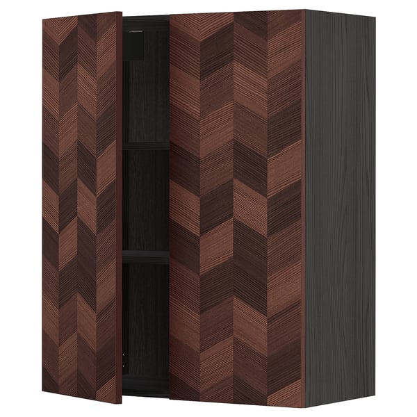 Dark brown herringbone wooden cabinet with two open shelves.