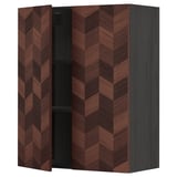 Dark brown herringbone wooden cabinet with two open shelves.