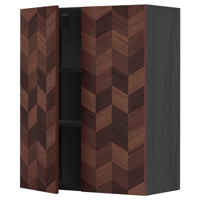 Dark brown herringbone wooden cabinet with two open shelves.