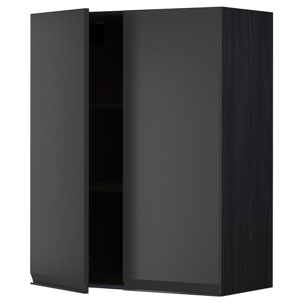 Open black modern kitchen cabinet with wooden texture and adjustable shelf.