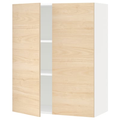 Wooden kitchen cabinet with light ash doors and adjustable shelf.