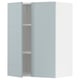A high-gloss grey-blue kitchen cabinet from ikea METOD series with adjustable shelves.