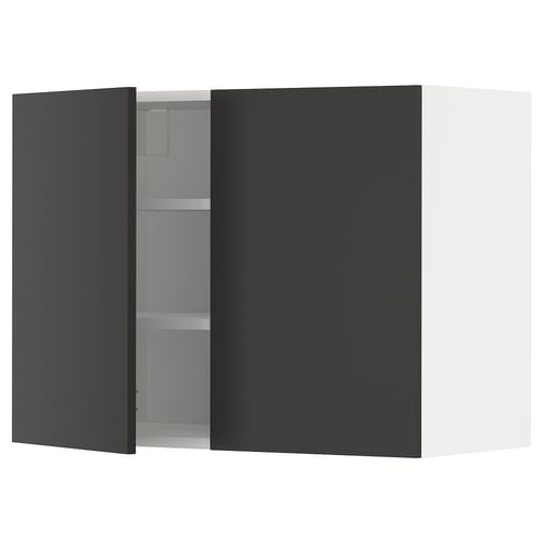 Modern black kitchen cabinet with adjustable shelf.