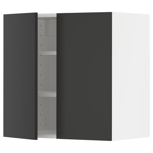 A modern black kitchen cabinet with adjustable shelves, part of the ikea METOD system.