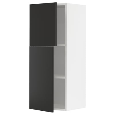 Modern black and white wall-mounted kitchen cabinet with adjustable shelves.