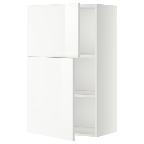 METOD kitchen cabinet in glossy white with modern, clean design featuring high, low shelves, and adjustable shelving.