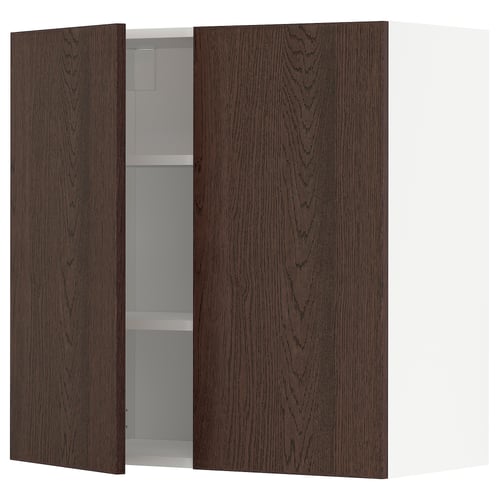 Dark wood cabinet with two doors open, revealing shelves. Modern design, sturdy frame, snap hinges.