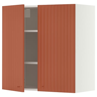 METOD Wall cabinet with shelves/2 doors, white/Terrsjö red-brown wave pattern, 80x80 cm