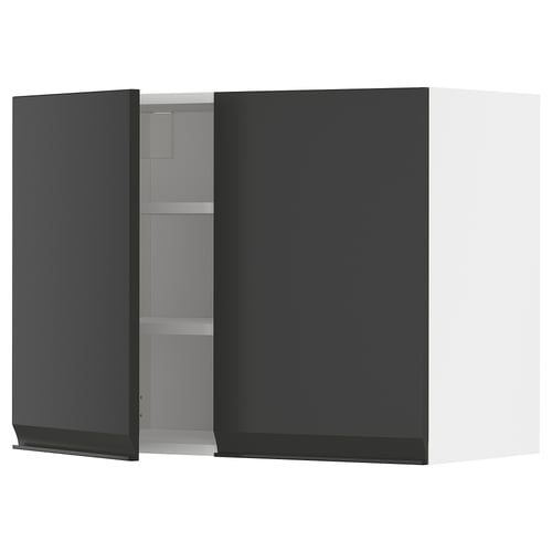Modern black kitchen cabinet with one open door, showing adjustable shelves. Sleek, matte finish with minimalist handle.
