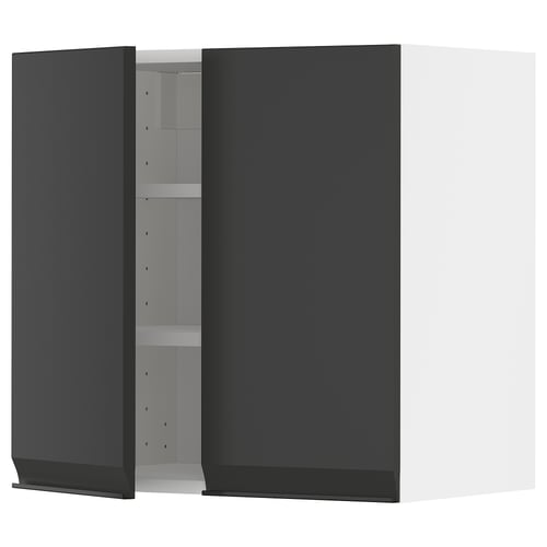 A modern black kitchen cabinet. It has a sleek design with adjustable shelves and matte black doors featuring integrated handles.