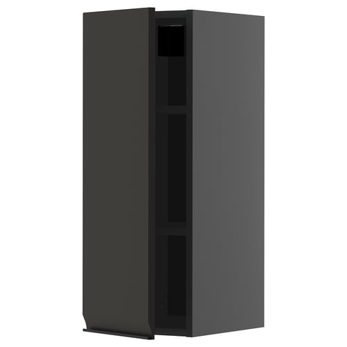 Displays a dark grey, modern kitchen cabinet with a minimalist design and no visible handles.