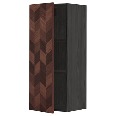METOD kitchen unit, dark wood herringbone pattern, tall and narrow, with one adjustable shelf.