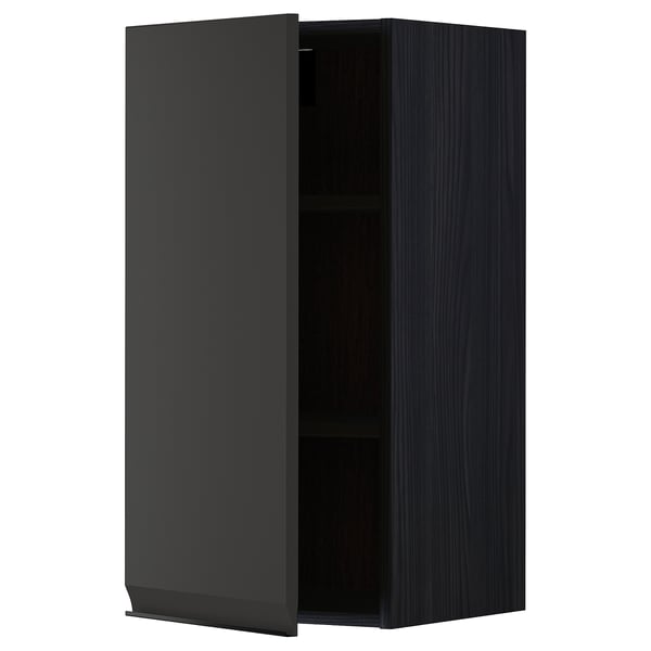 Black modern kitchen cabinet with no handles, one shelf, square shape.