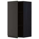 Black modern kitchen cabinet with no handles, one shelf, square shape.